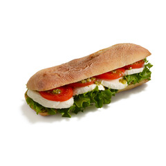 Sandwich isolated on dark background. Sandwich clipping path. Top view. Selective focus and copy space. 