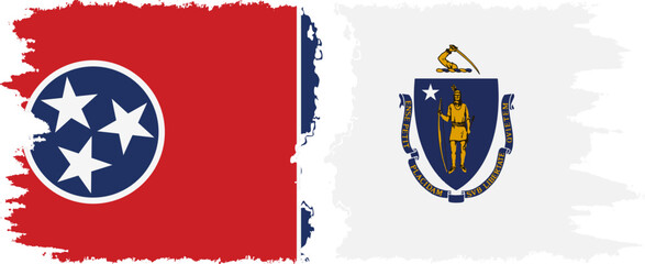 Massachusetts and Tennessee states grunge brush flags connection vector