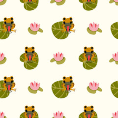 Frogs and water lilies seamless pattern. Frogs, water lily flowers and leaves. Beautiful botanical background. Pond aesthetic ornament. Perfect for wallpaper, packaging, stationary, wrapping, textile.