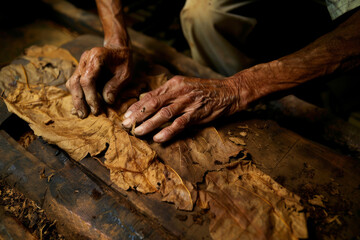 Old hands roll an expensive cigar