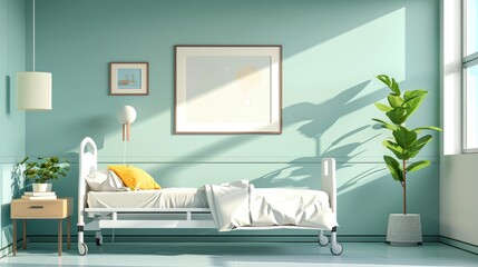 This bright, modern hospital room includes a large window, medical equipment, and comfortable furnishings for optimal patient care and relaxation.
