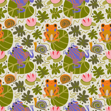 Frogs and snails seamless pattern.  Swamp life print. Water Lilly, frogs, snails, leaves. Pond aesthetic ornament, Perfect for wallpaper, packaging, stationary, wrapping, textile.