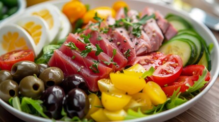 A colorful plated salad with tuna, olives, eggs, cucumber, tomatoes, and yellow peppers garnished with fresh herbs on a wooden table.