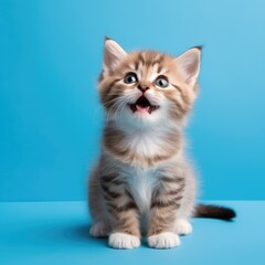 A cute kitten with big eyes and a surprised expression on its face is sitting on a blue background.