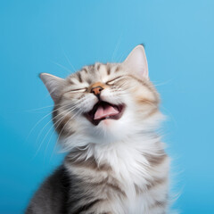 A ginger and white kitten is laughing with its eyes closed.