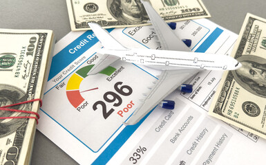 american banknotes and figure of a white plane on a downward trending graph