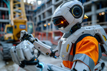 Advanced robot in a construction site wearing an orange vest, showcasing futuristic technology and AI integration in the construction industry.