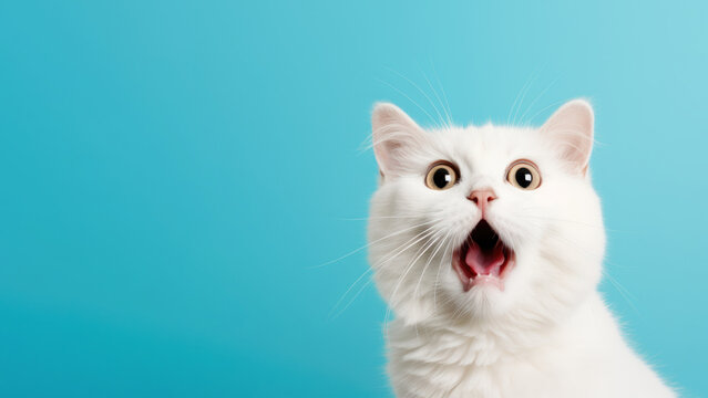 A white cat with its mouth wide open in shock or surprise.