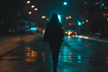 A girl walks alone on a night street, in danger