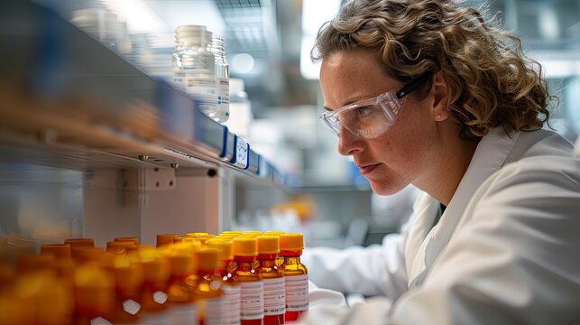 Scientist examining a biotech vaccine development process in a laboratory cleanroom