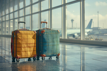 Two suitcases at the airport in the waiting area
