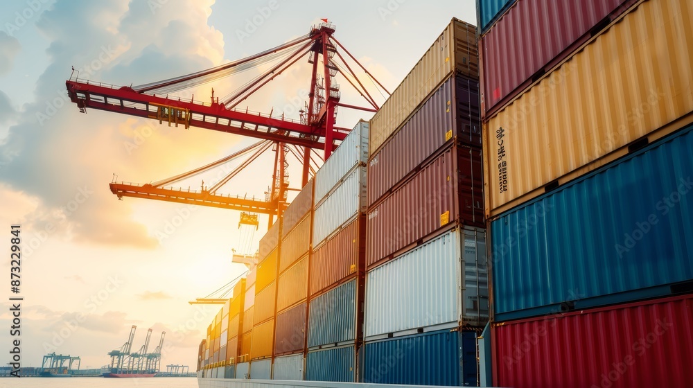 Poster high-resolution side view of a container ship being unloaded at a terminal, cranes in action, contai
