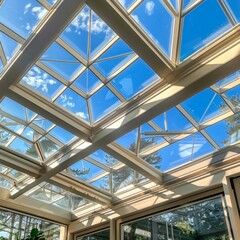 Modern Greenhouse with Geometric Glass Ceiling Design for Plant Cultivation, Featuring Sky, Architecture, Aesthetics, Sunlight, and AI-Generated High-Resolution Background