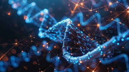 Abstract representation of bioinformatics research with computer algorithms analyzing genomic data