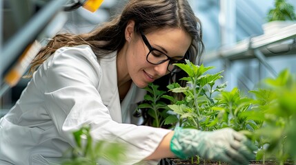 Obraz premium Biotechnologist studying the impact of climate change on plant genetics in a controlled environment