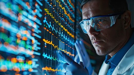 Close-up of a biotechnologist analyzing DNA sequencing results on a computer screen