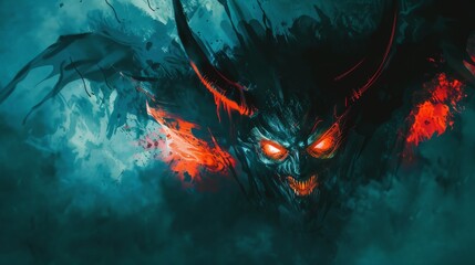 Fototapeta premium Eerie and dark digital artwork of a demonic face with glowing eyes and horns emerging from a smoky, fiery background.