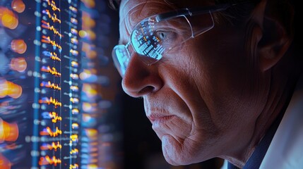 Close-up of a biotechnologist analyzing DNA sequencing results on a computer screen