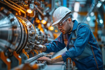 Engineer working on industrial machinery in factory, wearing safety gear. Engineering, technology, and industrial work concept. Horizontal.