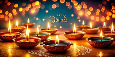 Festive image showing a row of burning oil lamps, creating a warm and inviting ambiance, perfect for diwali greetings or cultural projects