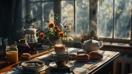 coffee and breakfast --ar 16:9 Job ID: 021391f8-a147-4c2f-8d4a-c207143b3a88