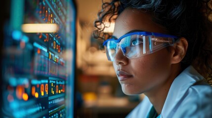 Close-up of a scientist analyzing bioprocess data on a computer screen in a biotech laboratory