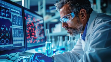 Close-up of a scientist analyzing bioprocess data on a computer screen in a biotech laboratory