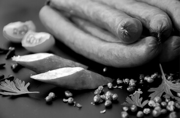 Tasty sausages and vegetables isolated over solid background. Black and white monochrome photo