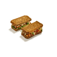 Sandwich isolated on dark background. Sandwich clipping path. Top view. Selective focus and copy space. 