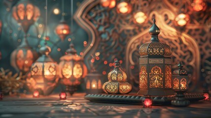 Traditional Arabic lanterns with intricate designs illuminating a festive setting, capturing a warm and cultural aesthetic in soft ambient light.