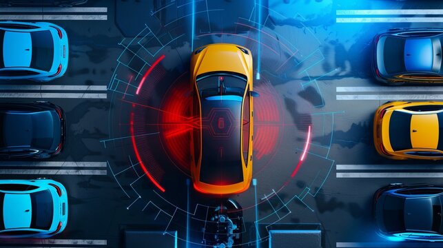 Parallel parking top view with a smart car parking assist system. Autonomous car. Roadside security is scanned by driverless car systems.  Concepts for smart cars of the future.