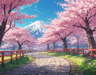 Cherry Blossom Trees in Full Bloom landscape anime style
