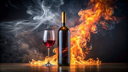 Wine bottle and glass with fire flames and smoke background on wooden table