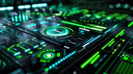 Obraz premium Futuristic technology dashboard with frosted glass elements, neon green highlights, and a black backdrop.