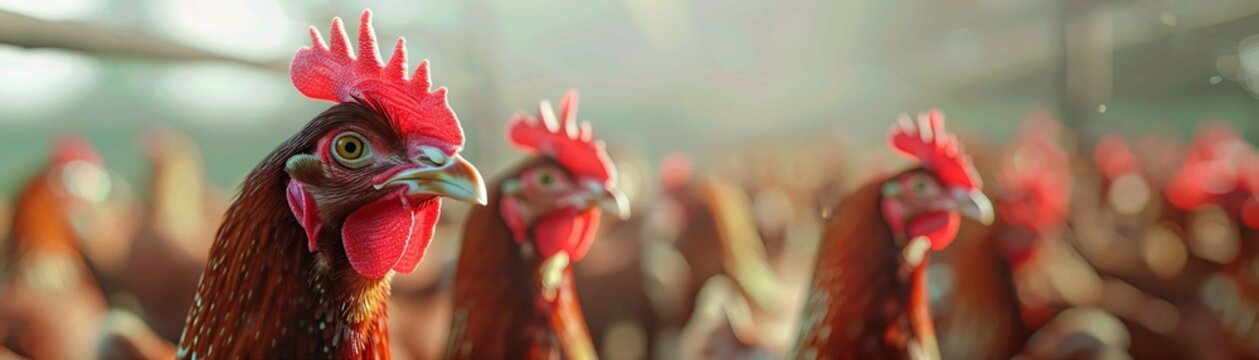 Close-up of chickens in a coop, with bright red combs.