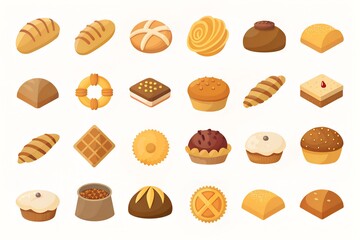 a set of freshly baked and cooked baked goods on a white background