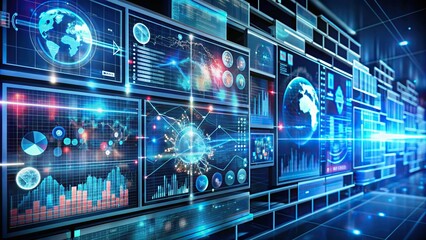 Futuristic virtual screen displays streaming data flow, representing business analytics, artificial intelligence, and machine learning concepts, showcasing data science innovation.