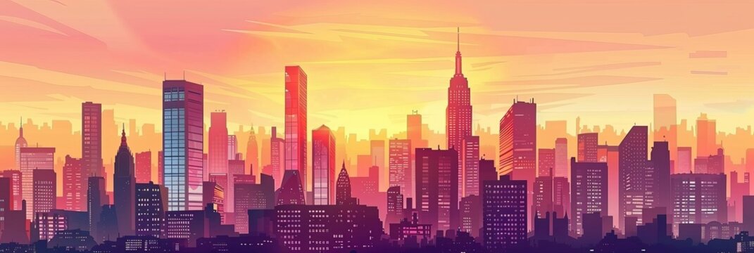Sunset or sunrise View of tall buildings in a modern city with an urban backdrop. Retro pop art comic caricature in the style of the 1950s and 1960s vintage kitsch