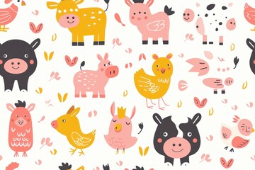 Cheerful seamless pattern of farm animals including cows, pigs, and chickens illustrated in a cute cartoon style. This 2D design is perfect for use in children's books, educational posters, or