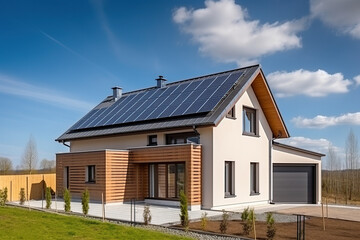 New suburban house with a photovoltaic system on the roof. Modern eco friendly passive house with solar panels on the gable roof
