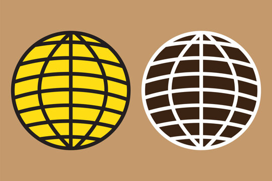 World globe grids in circle form. Linear striped spheres, earth latitude and longitude line grid. Retro futuristic design elements. Vector illustration