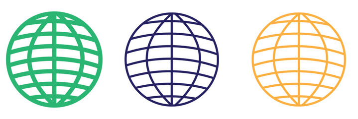 Globe grid spheres. Striped 3D spheres, geometry globe grid, earth latitude and longitude line grid vector symbol set. Spherical grid globe shapes. Illustration globe striped, global geography surface
