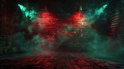 Gloomy basement, brick walls showing age, red sparks of fire, light reflecting on the wooden floor, swirling smoke, neon green lamps, simple night scene, ultra hd high quality image