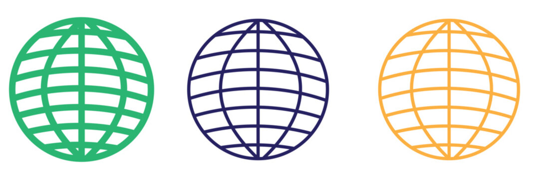 Globe grid spheres. Striped 3D spheres, geometry globe grid, earth latitude and longitude line grid vector symbol set. Spherical grid globe shapes. Illustration globe striped, global geography surface