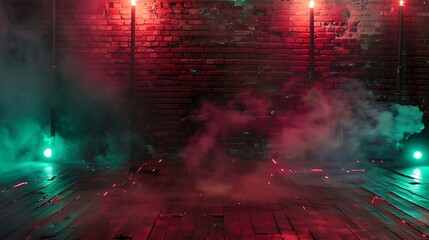 Gloomy basement, brick walls showing age, red sparks of fire, light reflecting on the wooden floor, swirling smoke, neon green lamps, simple night scene, ultra hd high quality image