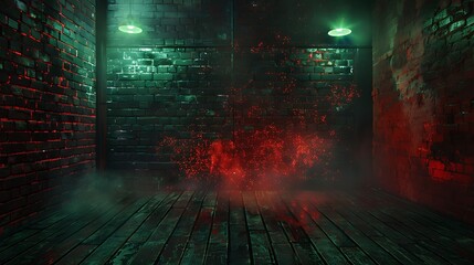 Gloomy basement, brick walls showing age, red sparks of fire, light reflecting on the wooden floor, swirling smoke, neon green lamps, simple night scene, ultra hd high quality image