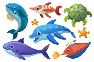 Fototapeta premium a set of several species of marine life in the sea in a difference on a white background