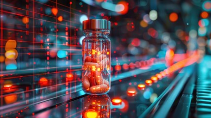 Analyzing a vial with pills, scanning, numbers and red grid overlay, bright white background, illustration background