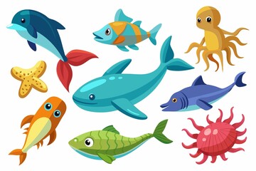 Naklejka premium a set of several species of marine life in the sea in a difference on a white background