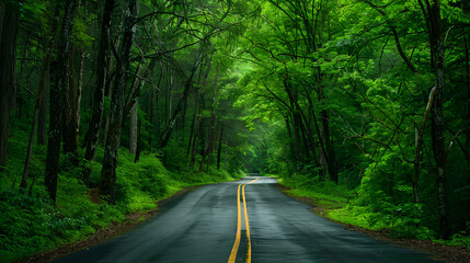 Fototapeta premium camino de carretera pavimentado entre el bosque rodeado de plantas y arboles paisaje de la naturaleza viajando camino lleno de vegetacion